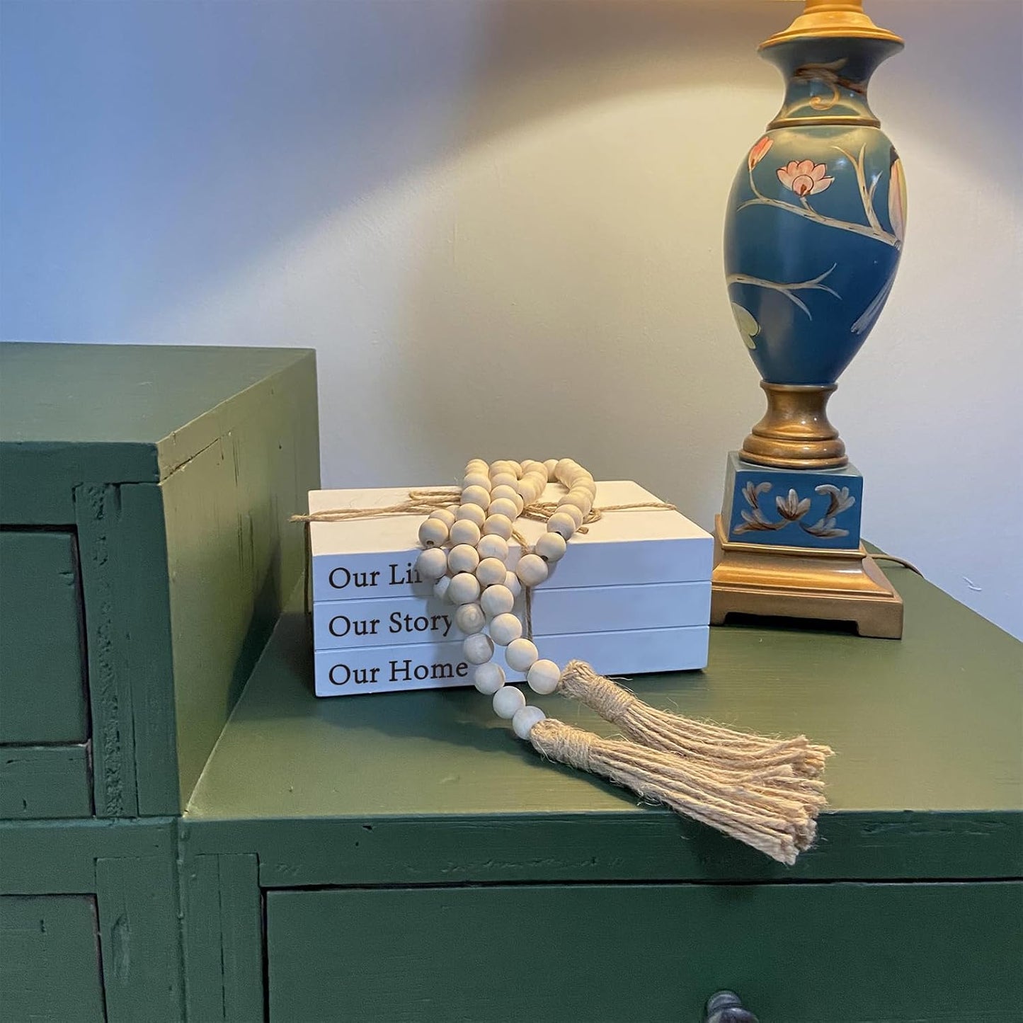 Decorative Books for Home Decor, White Faux Books for Decoration, Rustic Farmhouse Stacked Display Books with 52in Wood Bead Garland for Coffee Tables Living Room (TAKE TIME to DO)