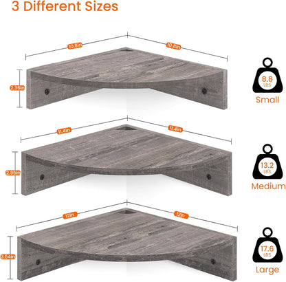 Homode Corner Shelf Wall Mount, Set of 3 Floating Corner Shelves with Cord Hole, 3 Tier Wood Wall Display Shelf, Storage for Bathroom Living Room Kitchen Bedroom, Rustic Brown and Black