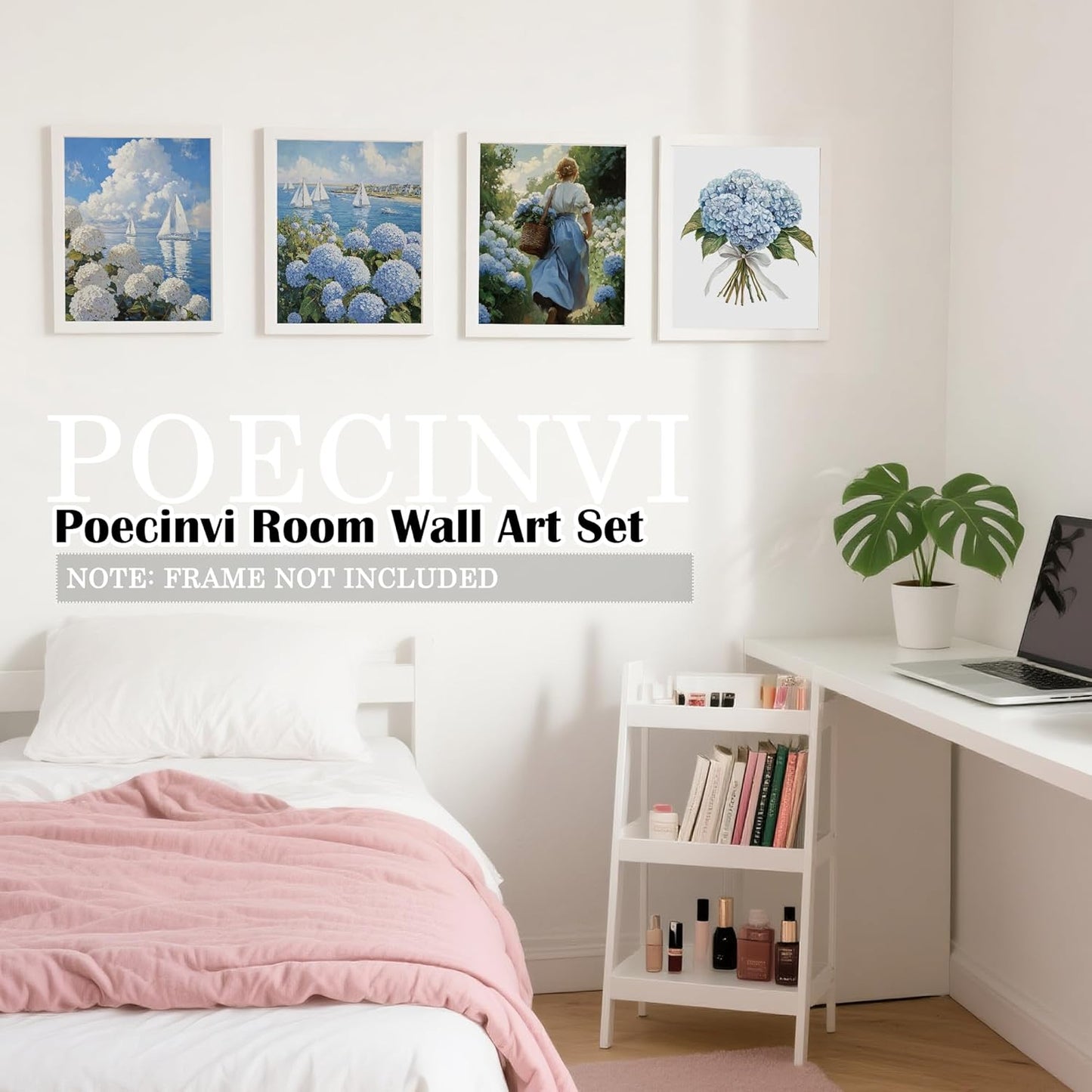Poecinvi Blue and White Hydrangea Nautical Canvas Wall Art Prints Set of 4, Rustic French Country Hydrangea Flower Coastal Beach Posters Pictures Wall Decor for Home Living Room, 8x10 Unframed