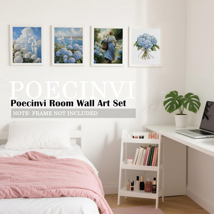 Poecinvi Blue and White Hydrangea Nautical Canvas Wall Art Prints Set of 4, Rustic French Country Hydrangea Flower Coastal Beach Posters Pictures Wall Decor for Home Living Room, 8x10 Unframed