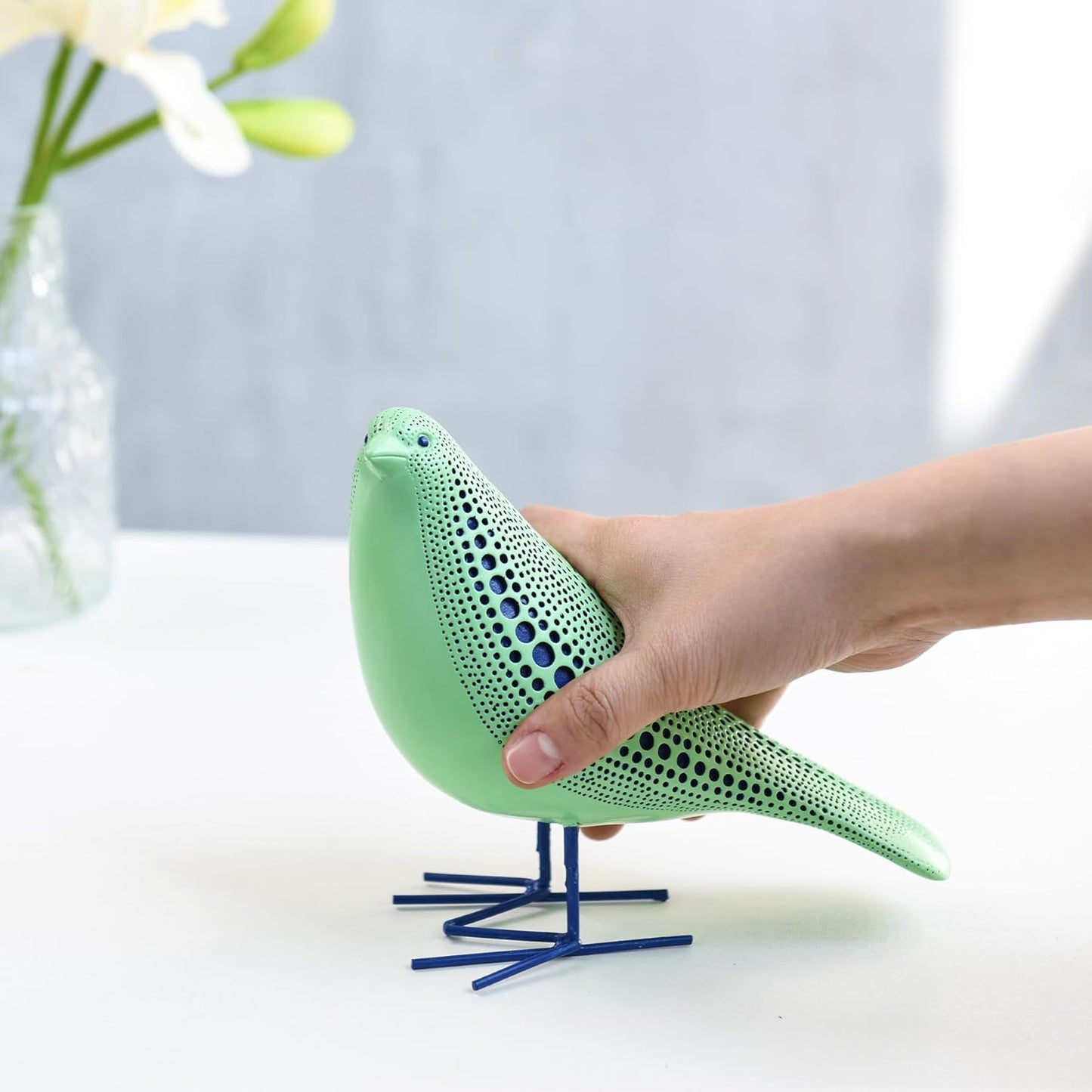Quoowiit Bird Figurine, Modern Sculpture and Statues for Home Decor, Animal Statues for Bookshelf, Table, Entryway, Fireplace, Resin Decorative Sculpture with Chic Polka Dots Art Design (White)
