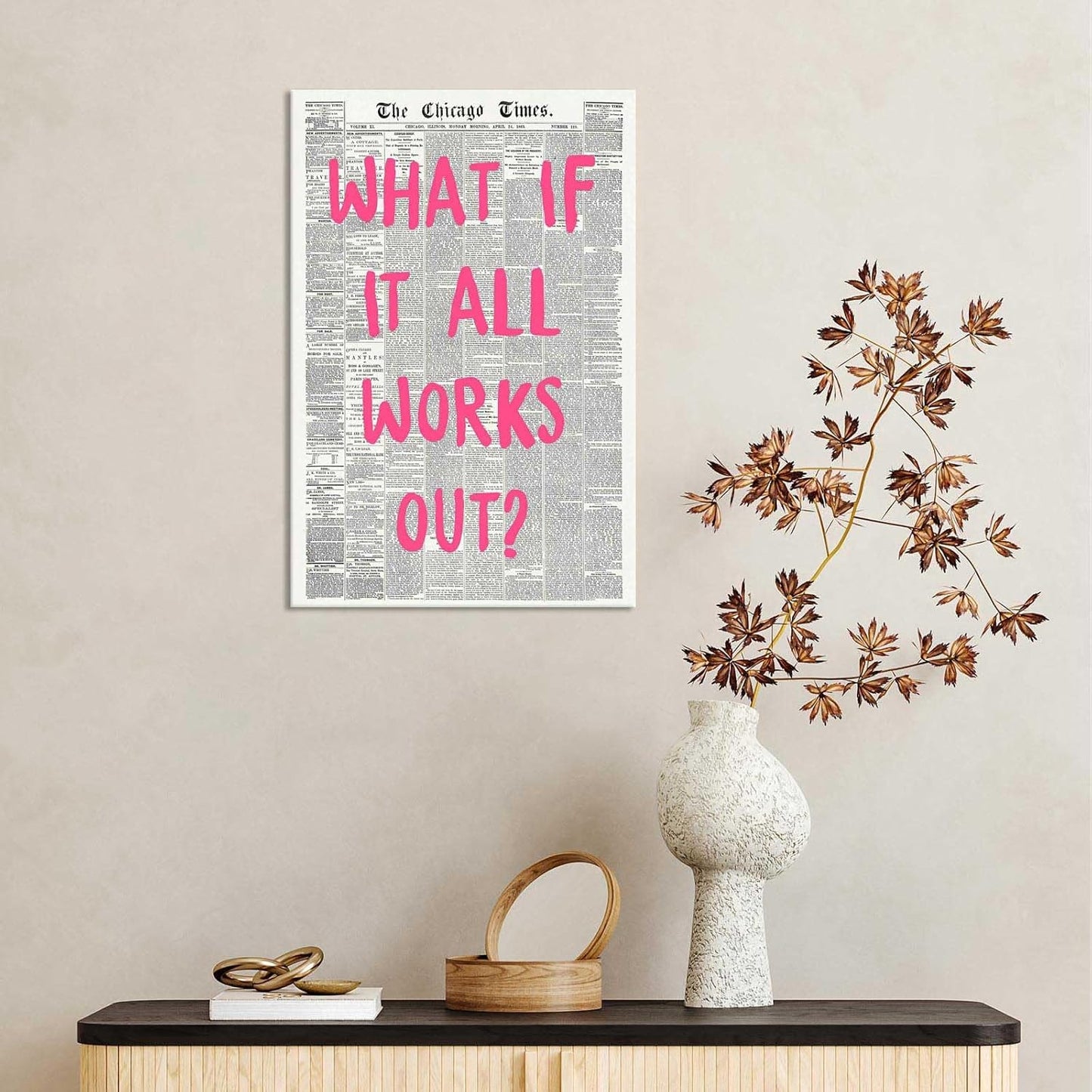 Retro Black And White Newspaper Poster What If It All Works Out Canvas Wall Art Positive Affirming Quote Minimalist Prints Painting For Home Bedroom Dorm Wall Decor 12x16in Unframed