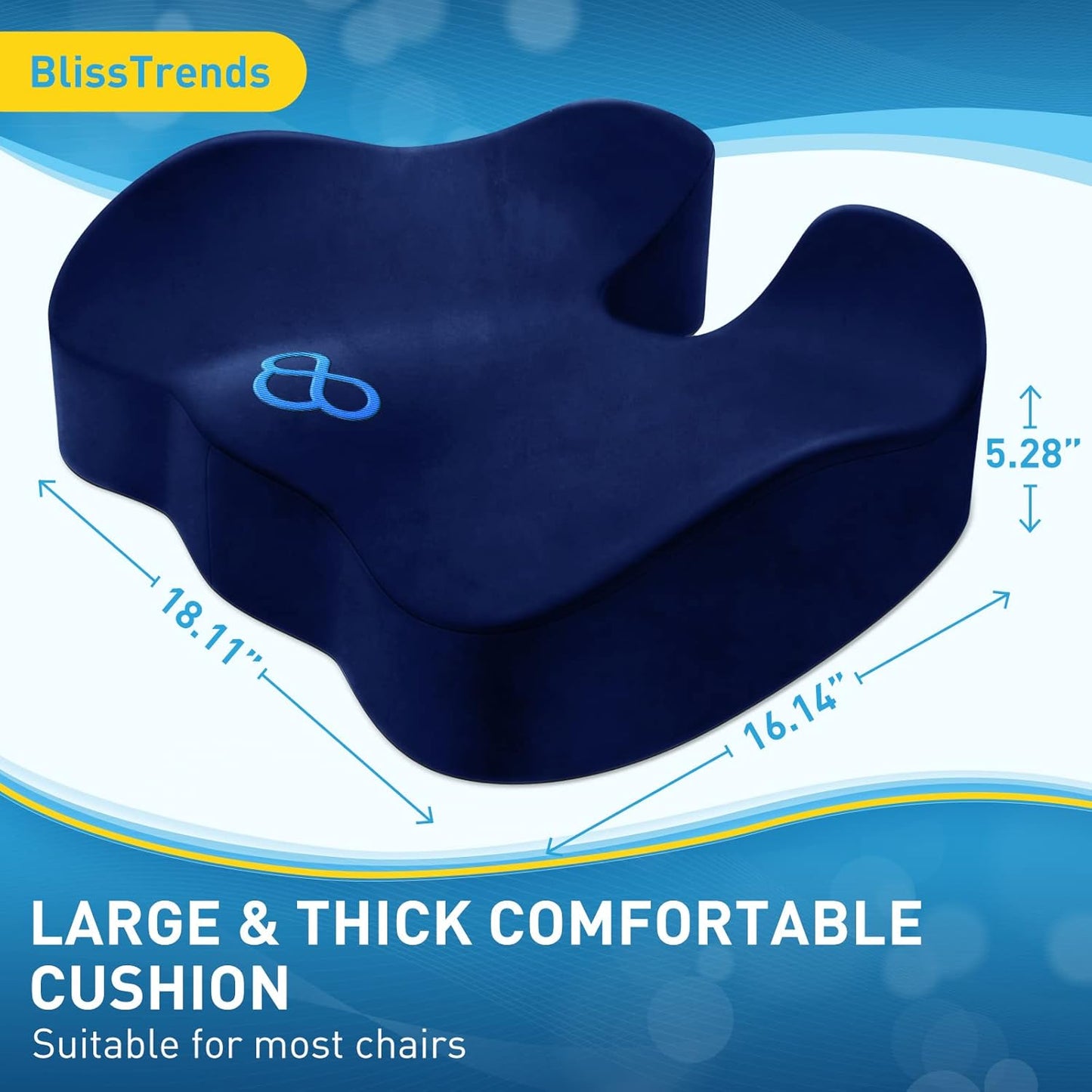 BlissTrends Seat Cushion with Velvet Cover, Thick Memory Foam Cushions for Office Chair, Car Seat, Airplane, Relieving Pressure Tailbone Sciatica Back Pain for Long Sitting, Car Drivers 4.7in Black