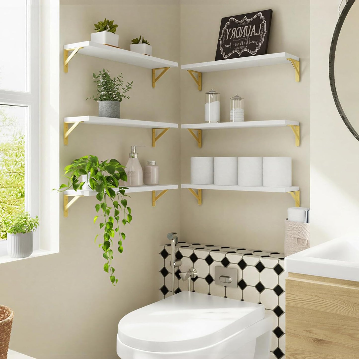 YGEOMER Brown Floating Shelves for Wall, 16.5 Inch Farmhouse Wall Shelves for Bedroom, Bathroom Storage, Living Room and Kitchen Decor (Set of 6 Brown)