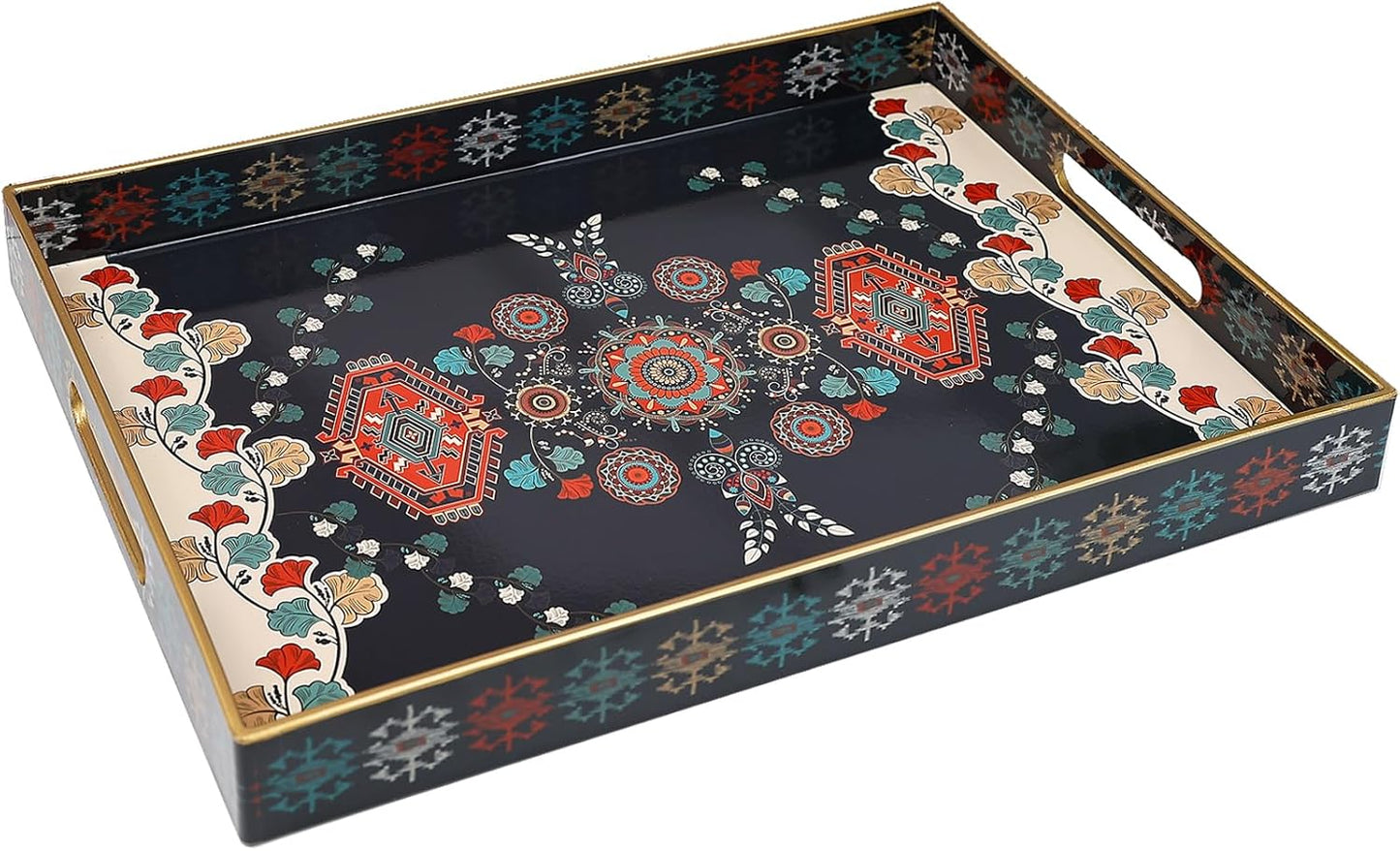 Spsyrine Serving Tray with Handles, Plastic Decorative Tray for Coffee Table, Living Room, Home Decor, Dianthus