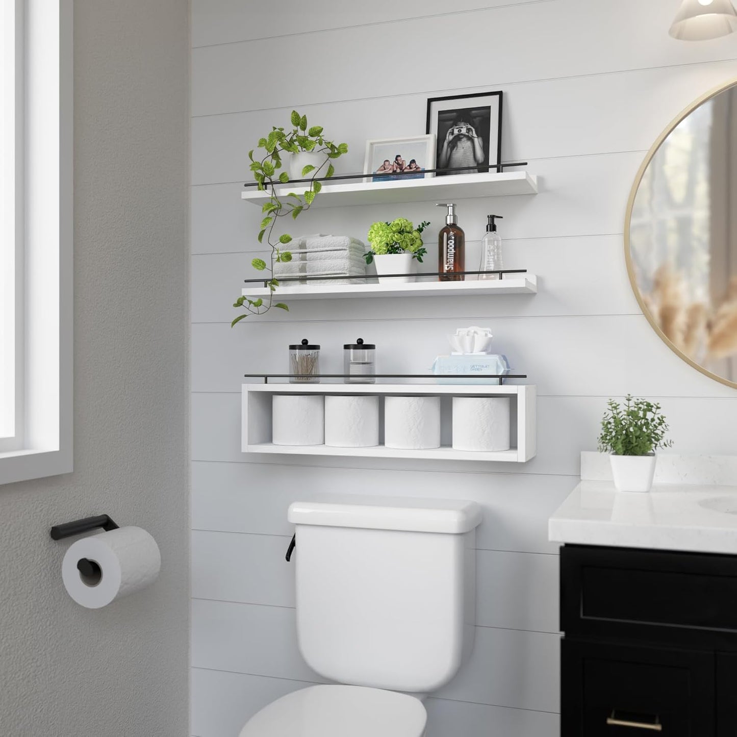 WOPITUES Floating Shelves for Wall with Cube Shelf, Wall Shelves with Metal Rail for Bathroom Decor, Bathroom Organizers and Storage, Over Toilet Shelves for Toilet Paper-Black