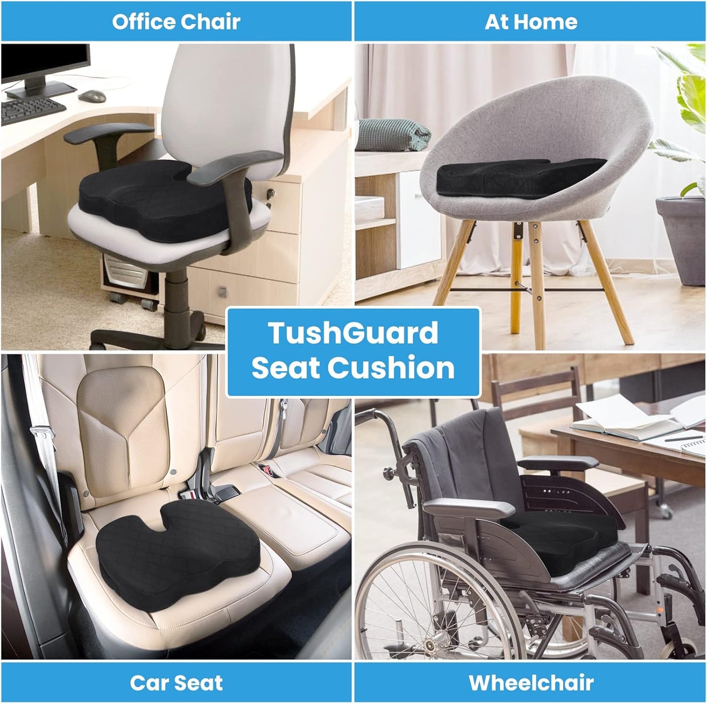 TushGuard Seat Cushion - Memory Foam Cushion for Office Chair, Car Seat, Airplane, Bleacher - Sciatica & Hip & Coccyx Pain Relief Desk Chair Cushion for Long Sitting Office Workers, Car Drivers