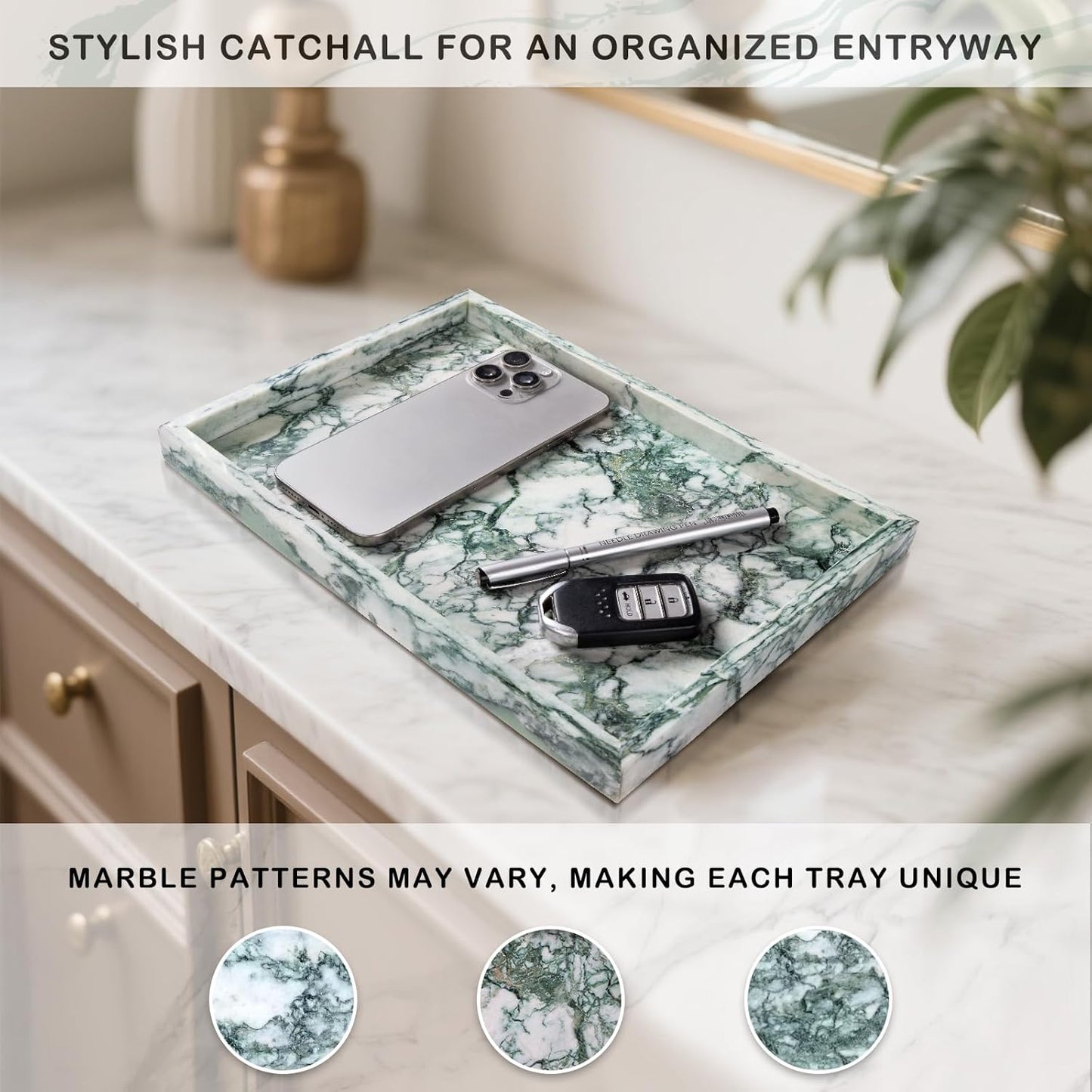 Marble Bathroom Tray for Countertop & Home Decor, Natural Decorative Marble Tray for Jewelry & Perfume Organizer, Luxury Stone Vanity Trays for Dresser, Kitchen Counter, 12" x 8", Gray Black