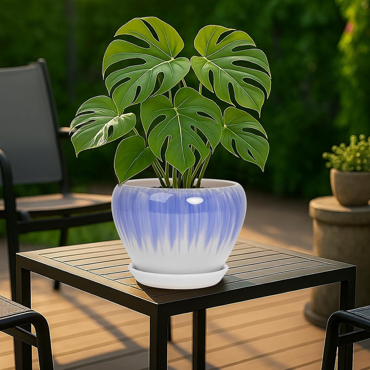 Deep Dream 6 Inch Plant Pots- Ceramic Planter Pot with Drainage Hole and Saucer, Round Flower Pot for Indoor Outdoor Succulent, Snake Plants and Cactus, Blue
