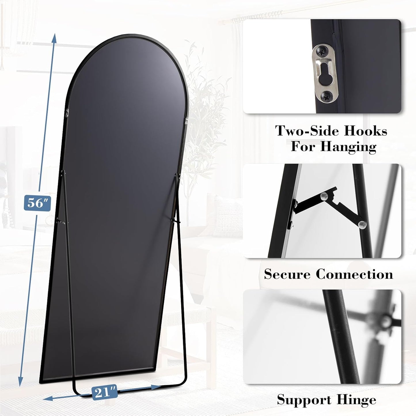 DUMOS Arched Full Length Mirror with Stand 64"x21" Floor Standing Aluminum Frame for Bedroom Body Hanging Leaning Modern Simple Home Decor Shatter-proorf Nano Glass Wall Living Room Cloakroom Black