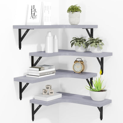 ROMGUAR CRAFT Corner Floating Shelves Wall Mounted Set of 4, Rustic Wood Storage Display Shelves for Home Decor, Bathroom, Kitchen, Bedroom, Living Room, Office (Black)