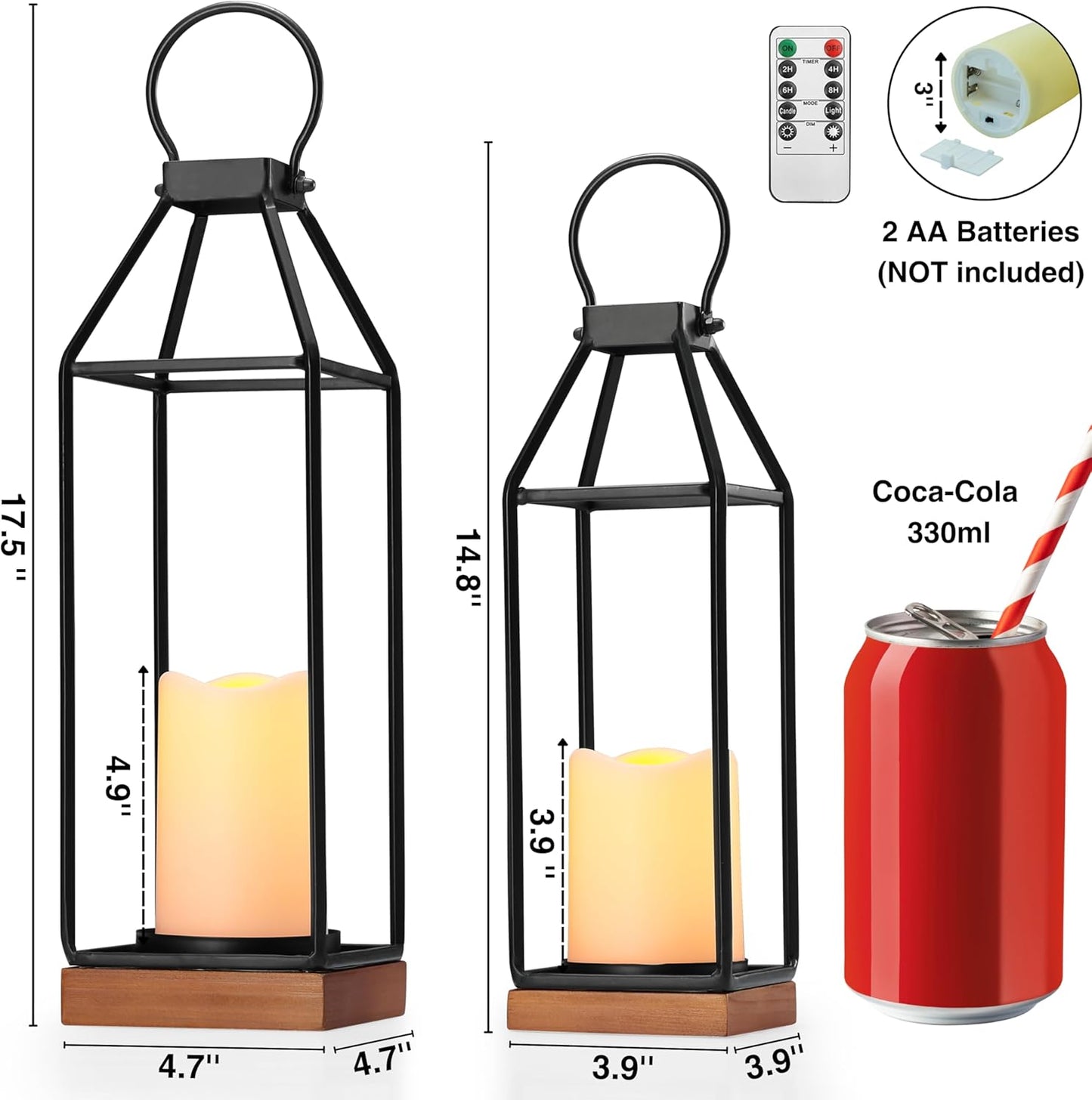 Perfnique Modern Farmhouse Lantern Decor, 15'' 13'' Set of 2 Black Metal Lantern, 2 LED 6hr Timer Flameless Candles ＆ Remote Timer, Lanterns Decorative for Outdoor, Home, Indoor, Patio, Christmas