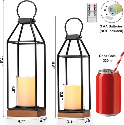 Perfnique Modern Farmhouse Lantern Decor, 15'' 13'' Set of 2 Black Metal Lantern, 2 LED 6hr Timer Flameless Candles ＆ Remote Timer, Lanterns Decorative for Outdoor, Home, Indoor, Patio, Christmas