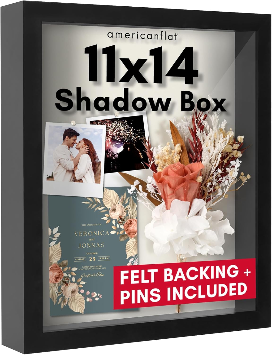 Americanflat 12x16 Shadow Box Frame with Polished Plexiglass - Silhouette Collection - Large Shadow Box Display Case for Tabletop and Wall Display - Black with Soft Felt Back
