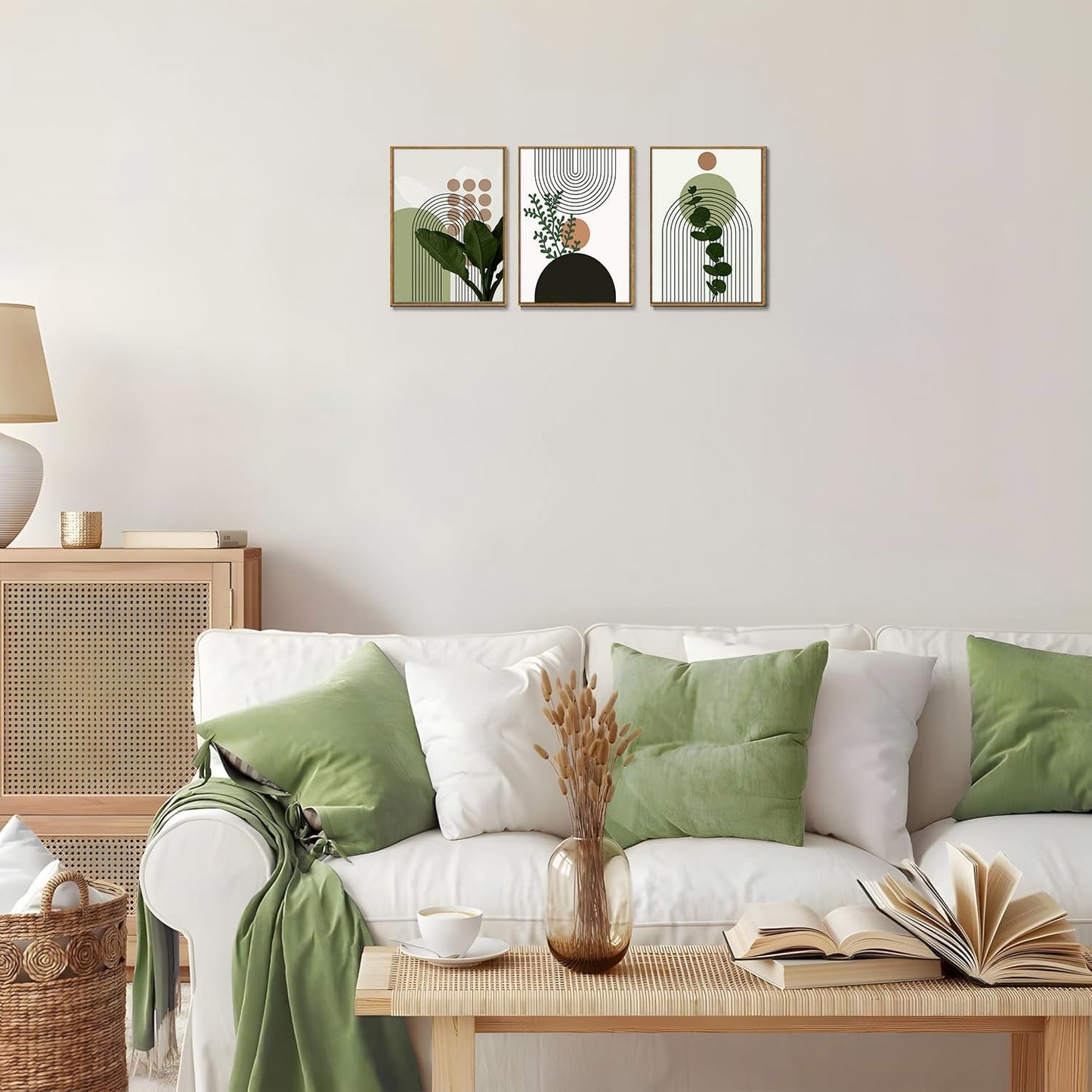Bwodke Boho Wall Art, Framed Abstract Wall Art, Green Botanical Neutral Canvas Wall Decor, Large Mid Century Plant Pictures Set of 3, Modern Minimalist Paintings, for Bedroom Living Room Bathroom