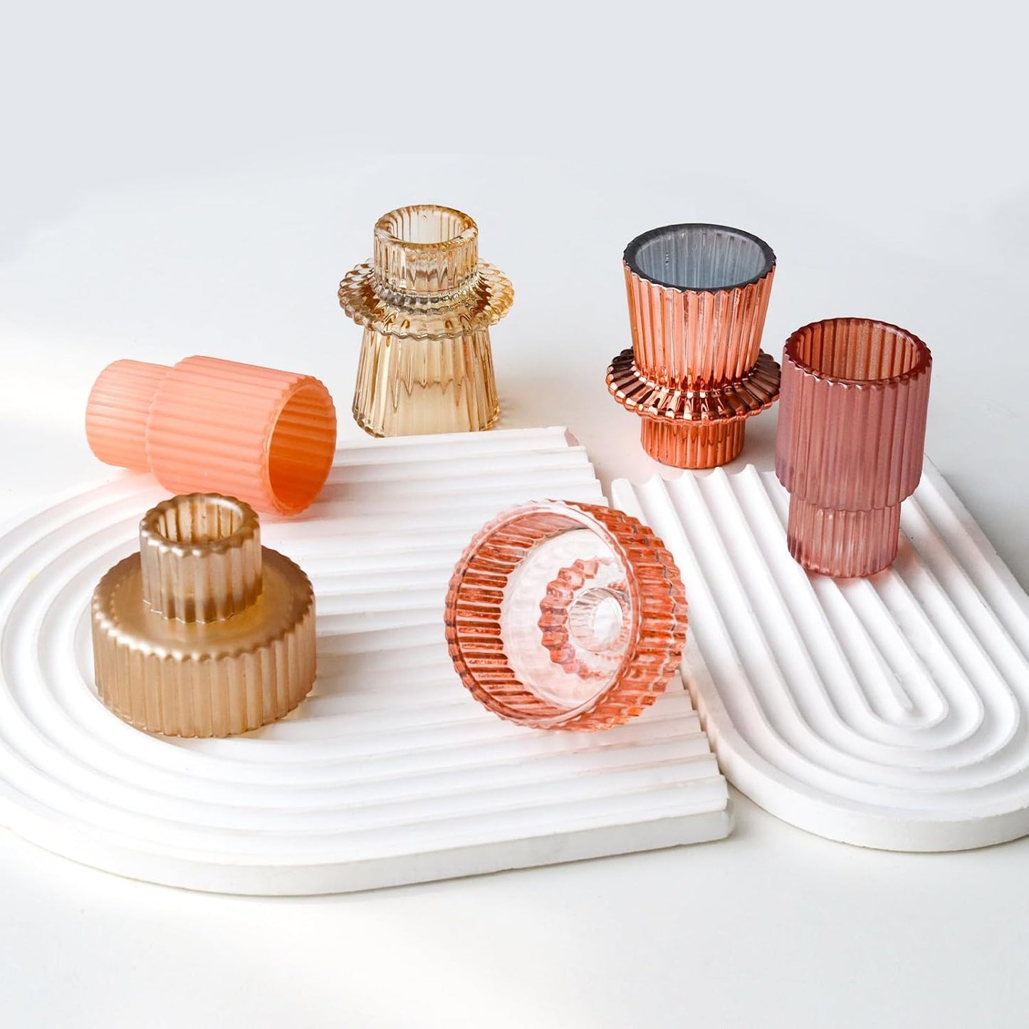 Brown Candlestick Holders 12PCS Ribbed Glass Taper Candle Holders Set for Tealight Candlestick Candles, Table Centerpieces for Thanksgiving Christmas Farmhouse Decor Indoor and Outdoor