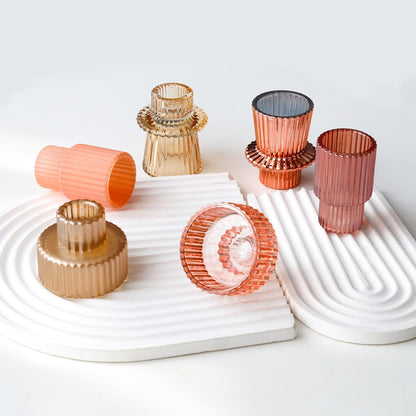 Brown Candlestick Holders 12PCS Ribbed Glass Taper Candle Holders Set for Tealight Candlestick Candles, Table Centerpieces for Thanksgiving Christmas Farmhouse Decor Indoor and Outdoor