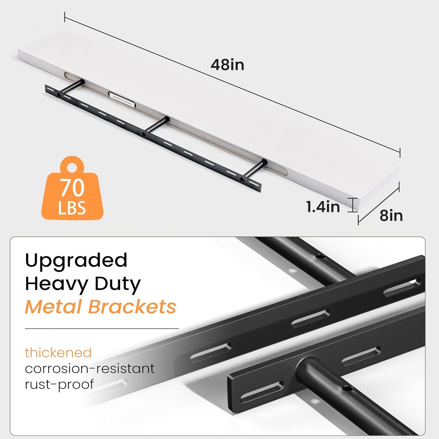 Floating Shelves 36 Inches Long - 8 Inch Deep Rustic Premium Solid Pine Wood for Storage - Farmhouse Wall Mounted for Living Room - Heavy-Duty Metal Bracket - 36" W x 8" D - Set of 2 - White Color