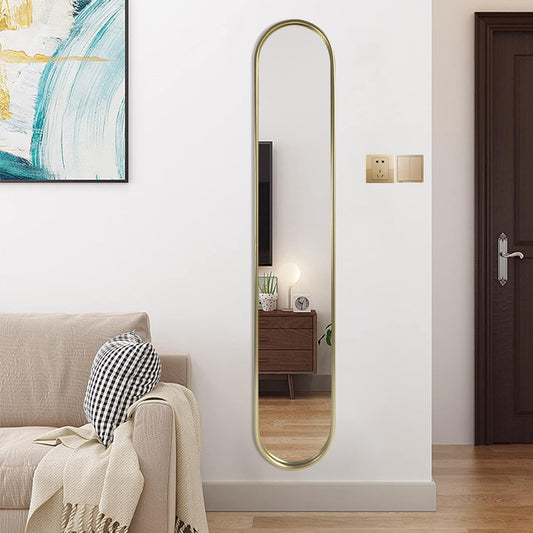 OUSHUAI Gold Tall Mirror,Narrow Capsule Long Mirrors with Metal Frame for Entryway,Hallway,Living Room 44"X8" (3pcs)