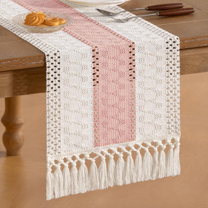 Socomi Boho Table Runner Summer Farmhouse Rustic Dining Kitchen Centerpiece Decor Small Macrame Woven Cotton Linen Coffee Table Runner for Dresser Scarf Home Decor 12x36 inch Beige