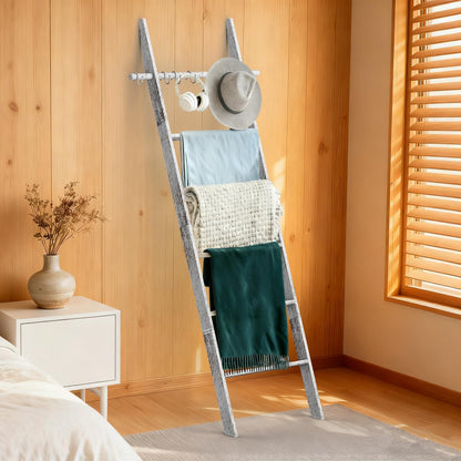 Farmhouse Wooden Blanket Ladder with Removable Hooks, 6-Tier Rustic Blanket Rack Decorative Stand, Leaning Towel Quilt Rack Holder for Bathroom Living Room Decor Brown