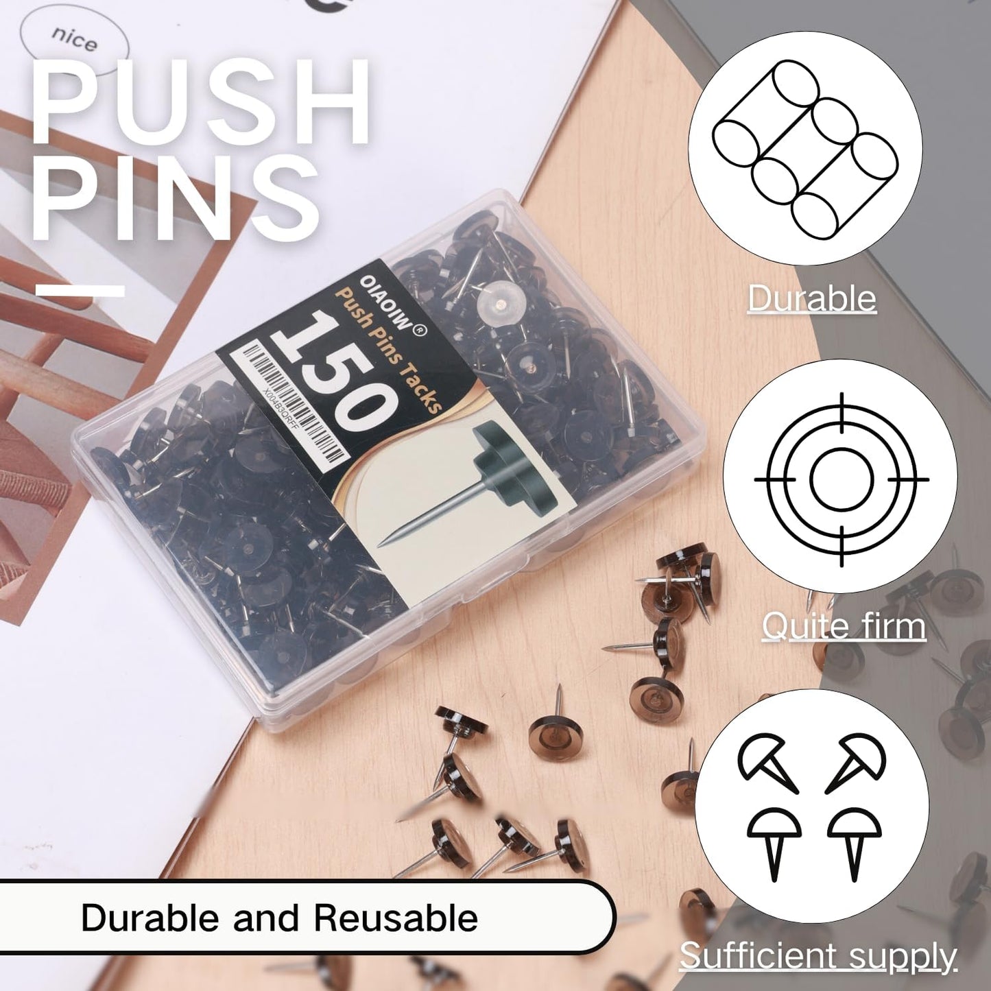 150 PCS Clear Push Pins Tacks Count in Reusable Box for Bulletin Boards and Wall Displays Heavy Duty Plastic Head