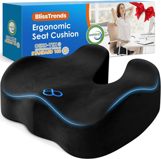 BlissTrends Seat Cushion with Velvet Cover, Thick Memory Foam Cushions for Office Chair, Car Seat, Airplane, Relieving Pressure Tailbone Sciatica Back Pain for Long Sitting, Car Drivers 4.7in Black