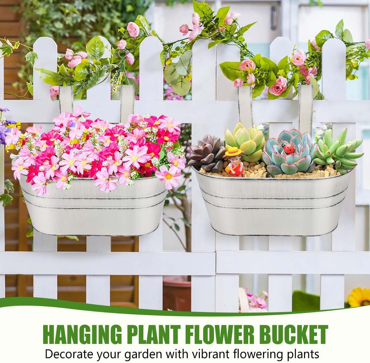 OBTANIM 4 Pack Metal Hanging Flower Pots Iron Railing Planter Outdoor Fence Hanging Pots Bucket Plant Holder with Detachable Hooks Drain Holes for Home Garden Yard Decor (Black)