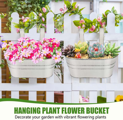 OBTANIM 4 Pack Metal Hanging Flower Pots Iron Railing Planter Outdoor Fence Hanging Pots Bucket Plant Holder with Detachable Hooks Drain Holes for Home Garden Yard Decor (Black)