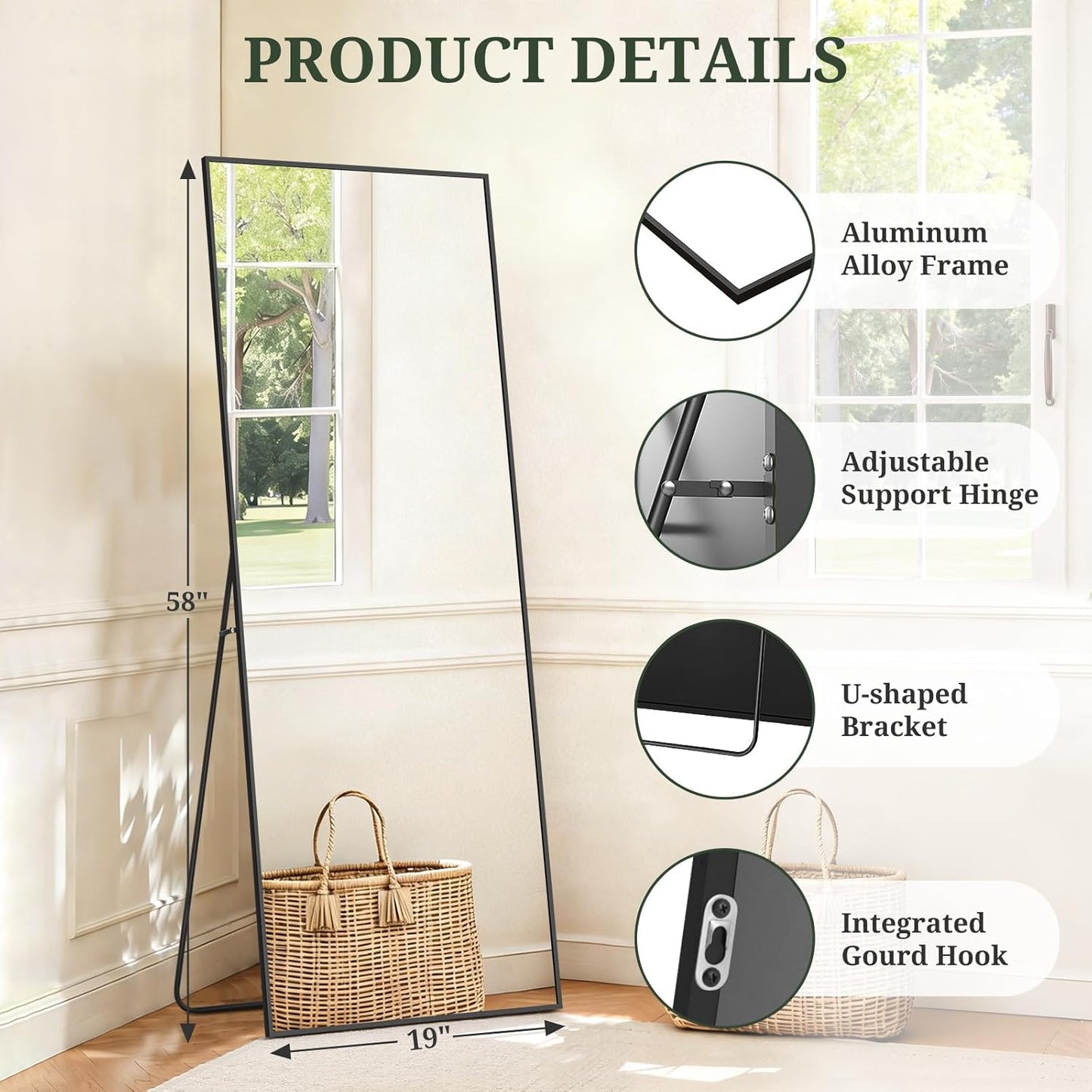 Mirror Full Length 64"x21" Full Body Floor Mirror with Stand, Shatterproof Glass, Aluminum Alloy Frame, Free Standing Wall Mounted or Leaning Arched Mirrors for Bedroom Living Room Entryway