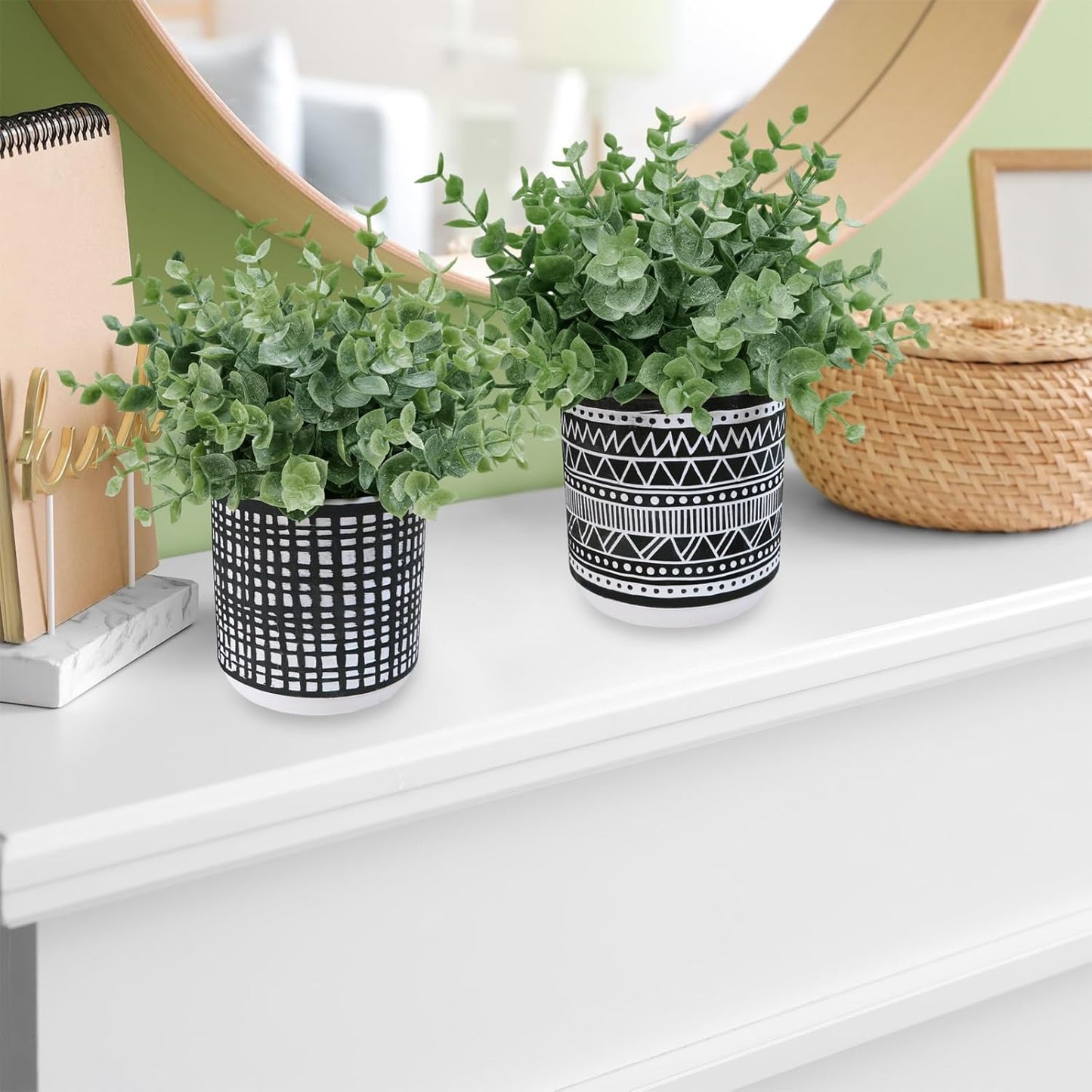 Winlyn Set of 2 Small Artificial Potted Plants Faux Eucalyptus Plant in White Geometric Ceramic Pots Small Desk Potted Plants 7.1" Tall for Home Office Room Decorations Wedding Greenery Centerpiece