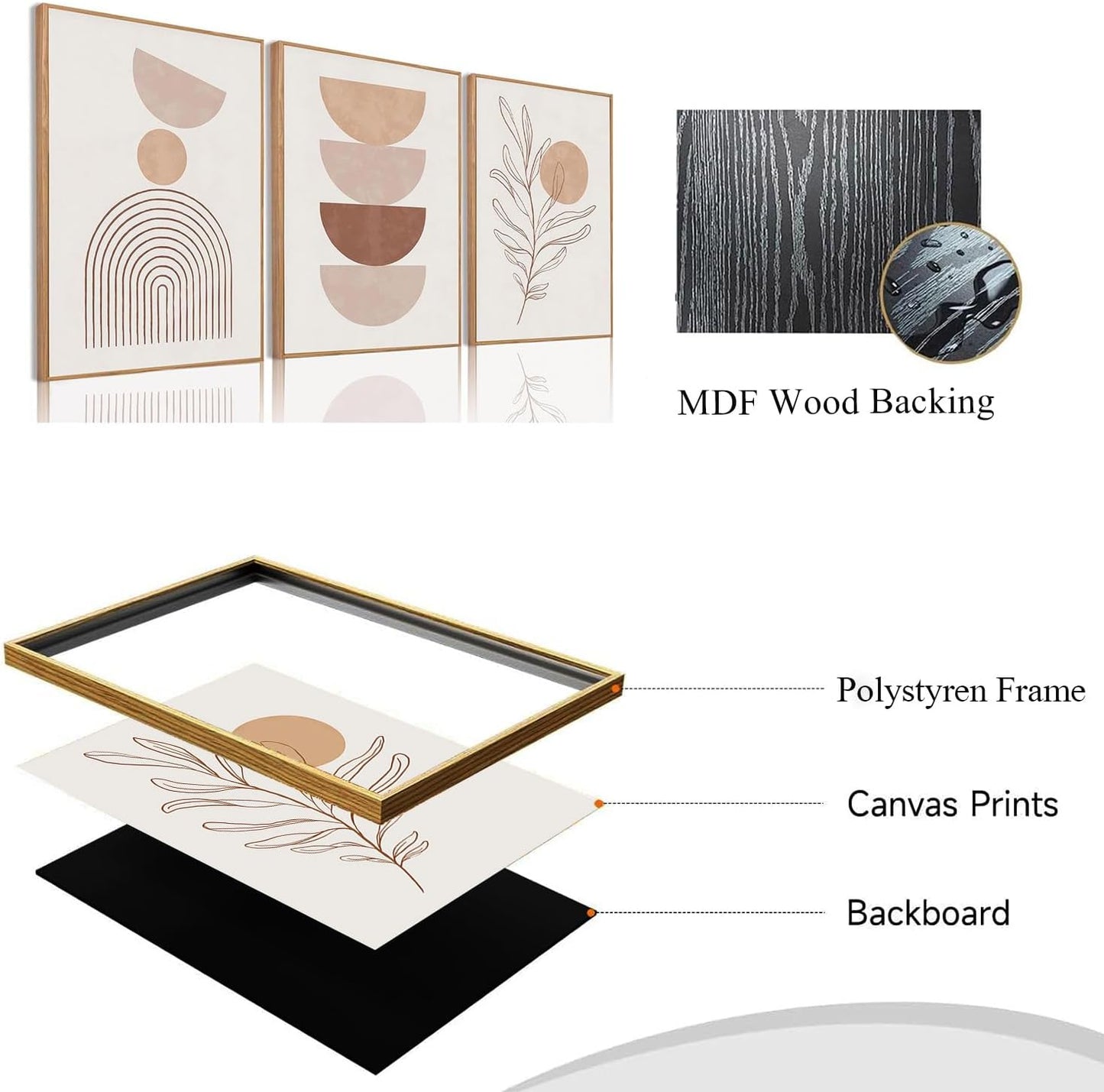 Bwodke Boho Wall Art, Framed Abstract Wall Art, Green Botanical Neutral Canvas Wall Decor, Large Mid Century Plant Pictures Set of 3, Modern Minimalist Paintings, for Bedroom Living Room Bathroom