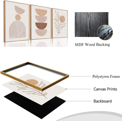 Bwodke Boho Wall Art, Framed Abstract Wall Art, Green Botanical Neutral Canvas Wall Decor, Large Mid Century Plant Pictures Set of 3, Modern Minimalist Paintings, for Bedroom Living Room Bathroom