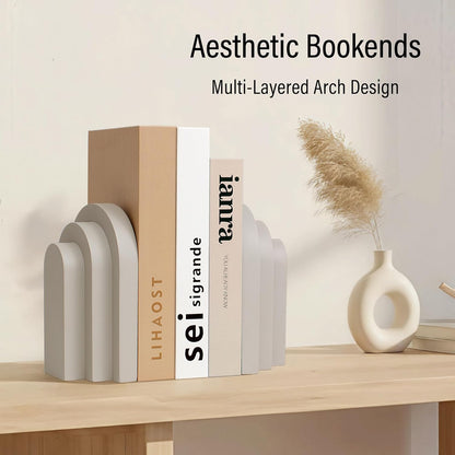 LIN CHUAN Heavy Duty Bookends for Shelves, 6.6 LBS Heavy Book Ends for Heavy Books, Decorative Modern Bookends with Faux Sandstone Look, Layered Arch Book Stopper for Bookshelf Holder Set of 2, Beige
