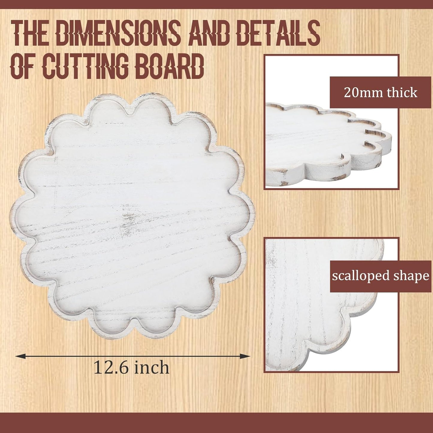BreezeHug Brown Decorative Serving Tray Wood 12.6 Inch Scalloped Serving Tray Round Wooden Display Plate with Scalloped Borders for Coffee Table Living Room Bedroom Entryway Decoration