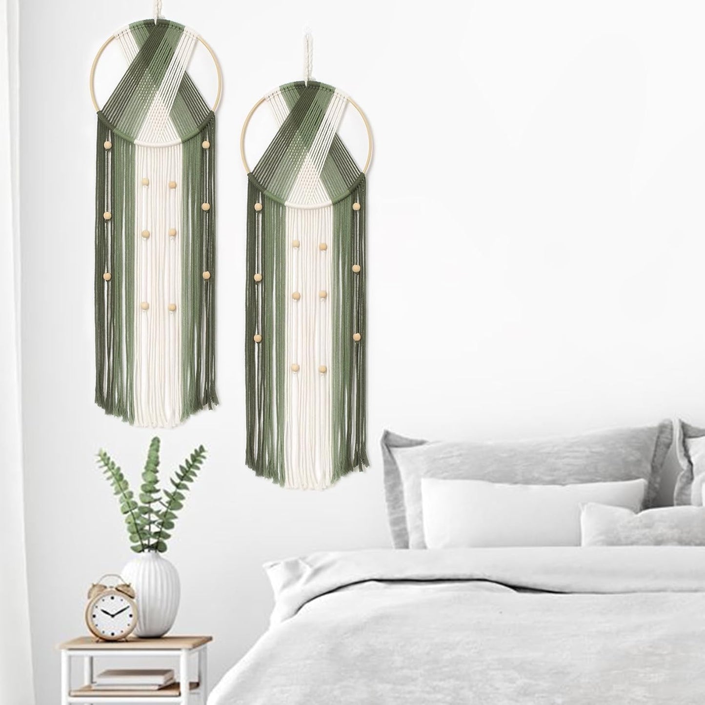 LB Boho Macrame Wall Hanging - Green and Beige Handmade Cotton Woven Decor, Modern Geometric Bohemian Tapestry Wall Decor for Bedroom Living Room Home (31.5"x9.84") Nature-Inspired Room Decor