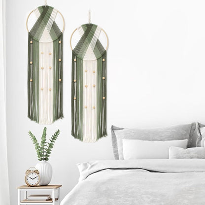 LB Boho Macrame Wall Hanging - Green and Beige Handmade Cotton Woven Decor, Modern Geometric Bohemian Tapestry Wall Decor for Bedroom Living Room Home (31.5"x9.84") Nature-Inspired Room Decor