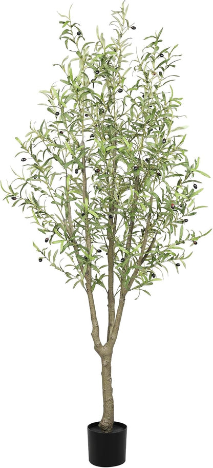 Artificial Olive Tree 7FT, Faux Olive Tree Indoor with Natural Wood Trunk & Dense Leaves, Tall Fake Olive Tree for Living Room, Office, Entryway Decor