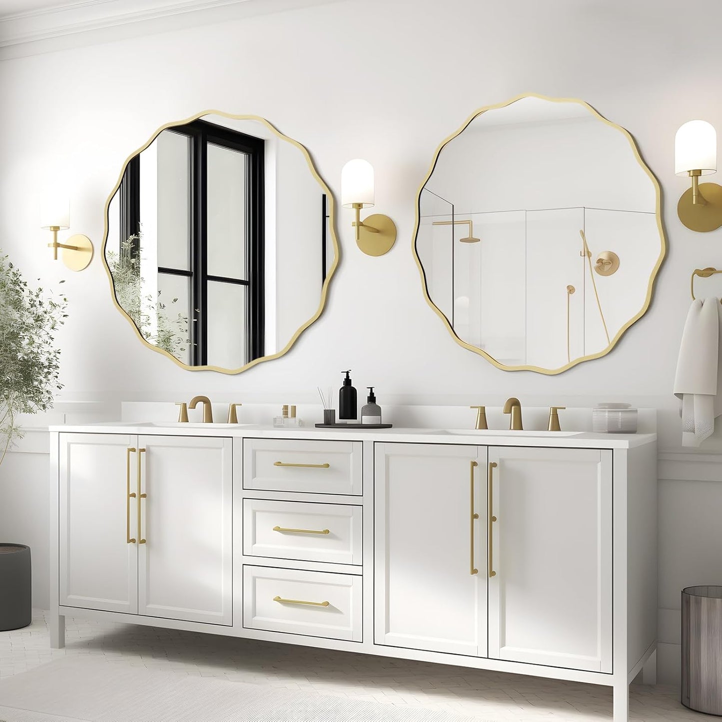 WallBeyond Round Wavy Mirror for Wall Decorative 24 inch, Modern Round Mirror Aluminum Frame for Bathroom Bedroom Living Room Home House Office Entryway, Gold