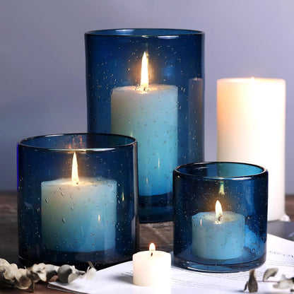 NITIME Hurricane Candle Holder Set of 3 Clear Candle Holders for Pillar Candles, Seeded Bubbles Glass Candle Holder for table centerpiece, Glass Cylinder Vases for Home, Patio and Wedding 8"4.7"3.5"H