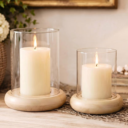 Set of 2 Black Hurricane Candle Holders with Wood Base, Modern Windproof Glass Cylinder Lantern, Farmhouse Pillar Candle Holder Decor for Table Centerpieces, Living Room, Patio & Kitchen Dining