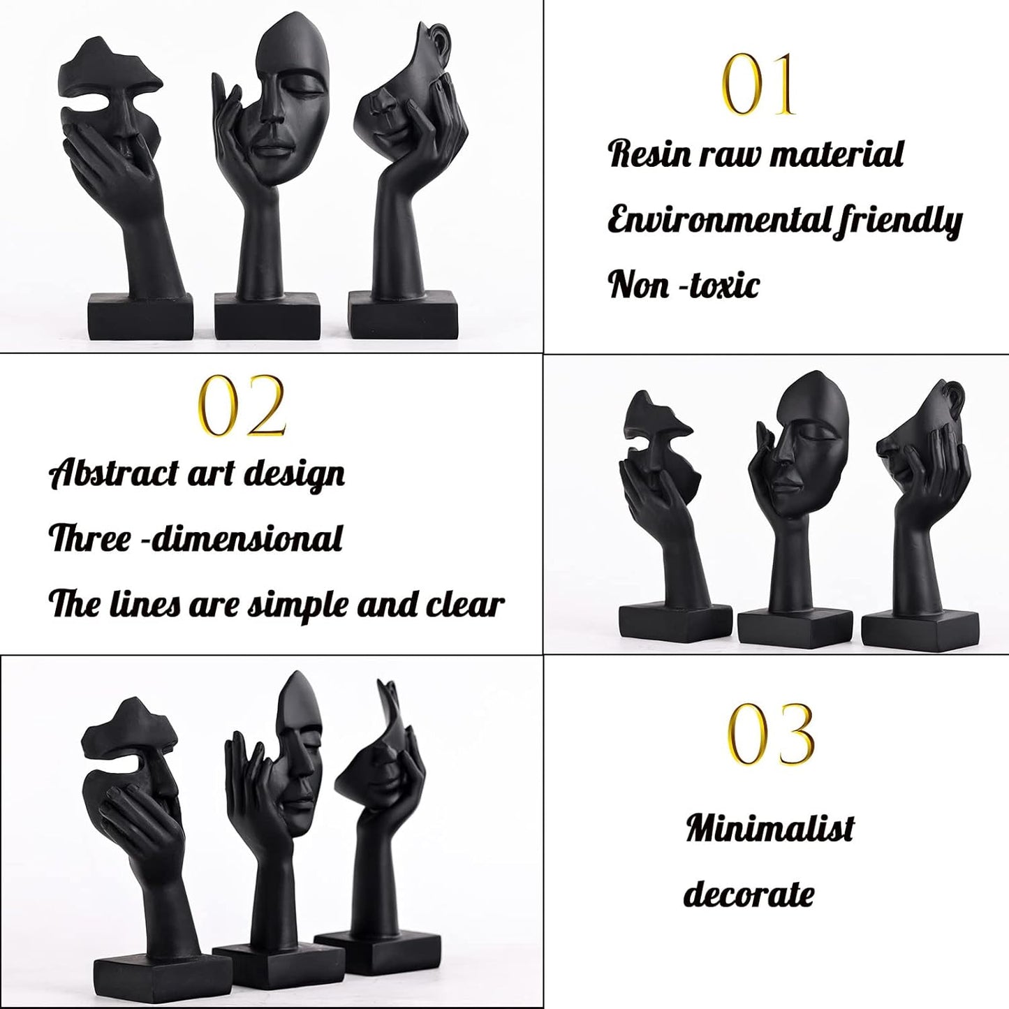 3 Pcs Thinker Small Statue Set - Black Gold Home Decor Abstract Art Figurines for Shelves, Living Room Coffee Table, Office Desktop (3 Pcs Gold, 6")