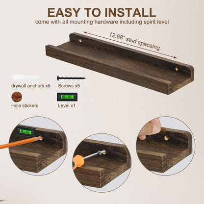 Floating Shelves Set of 3, 16.5 Inch Wood Picture Ledge Shelves for Wall Mounted Display in Bedroom, Living Room, Kitchen(Brown)