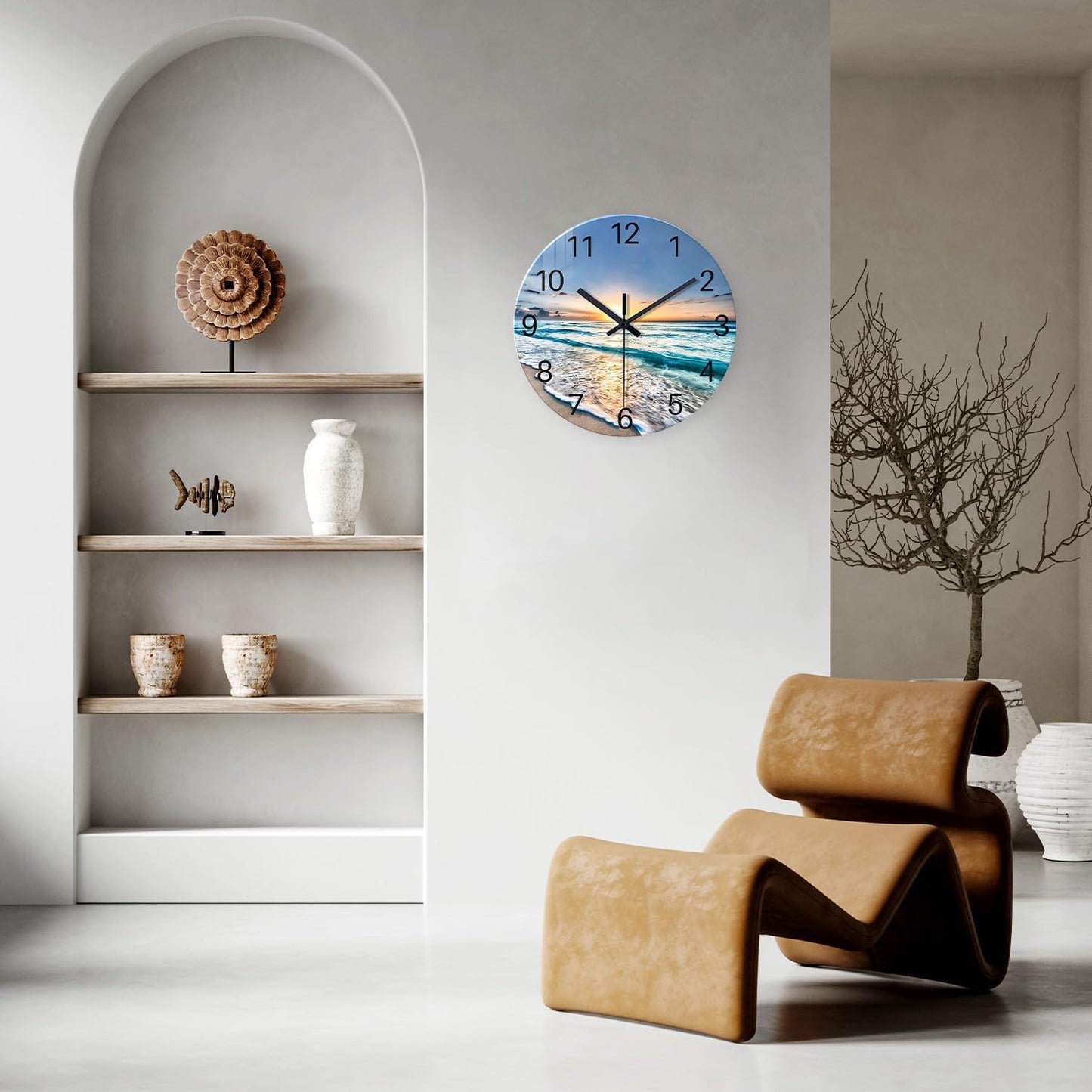Beach Wall Clock Battery Operated 12 Inch Glass Wall Clock Non Ticking Analog Blue Wall Clocks for Bedroom Living Room Office Decor