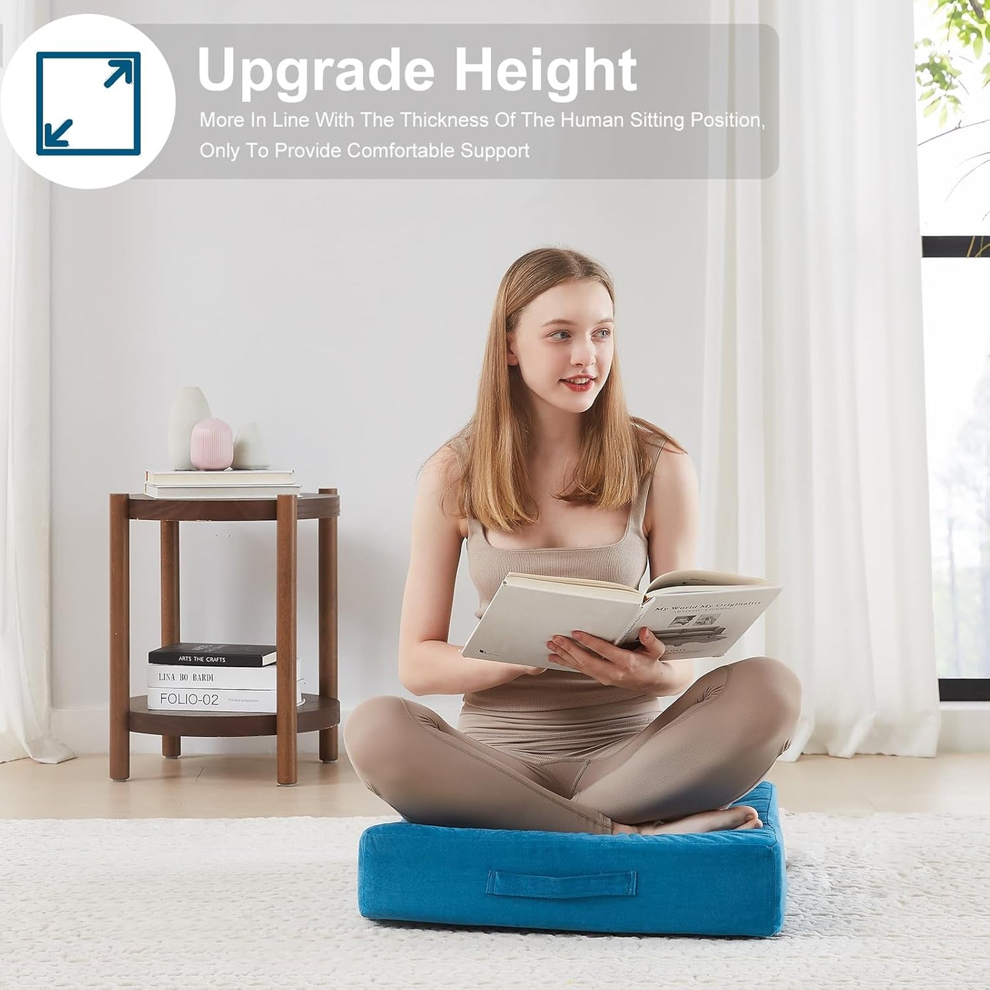 JKMAX 2 Pcs High Density Foam Floor Pillow - Upgraded Large Pillows Seating for Adults - Outdoor Floor Cushion with Soft Tufted Cover - Yoga Pillows for Sitting On Floor - 22 Inch Light Gray