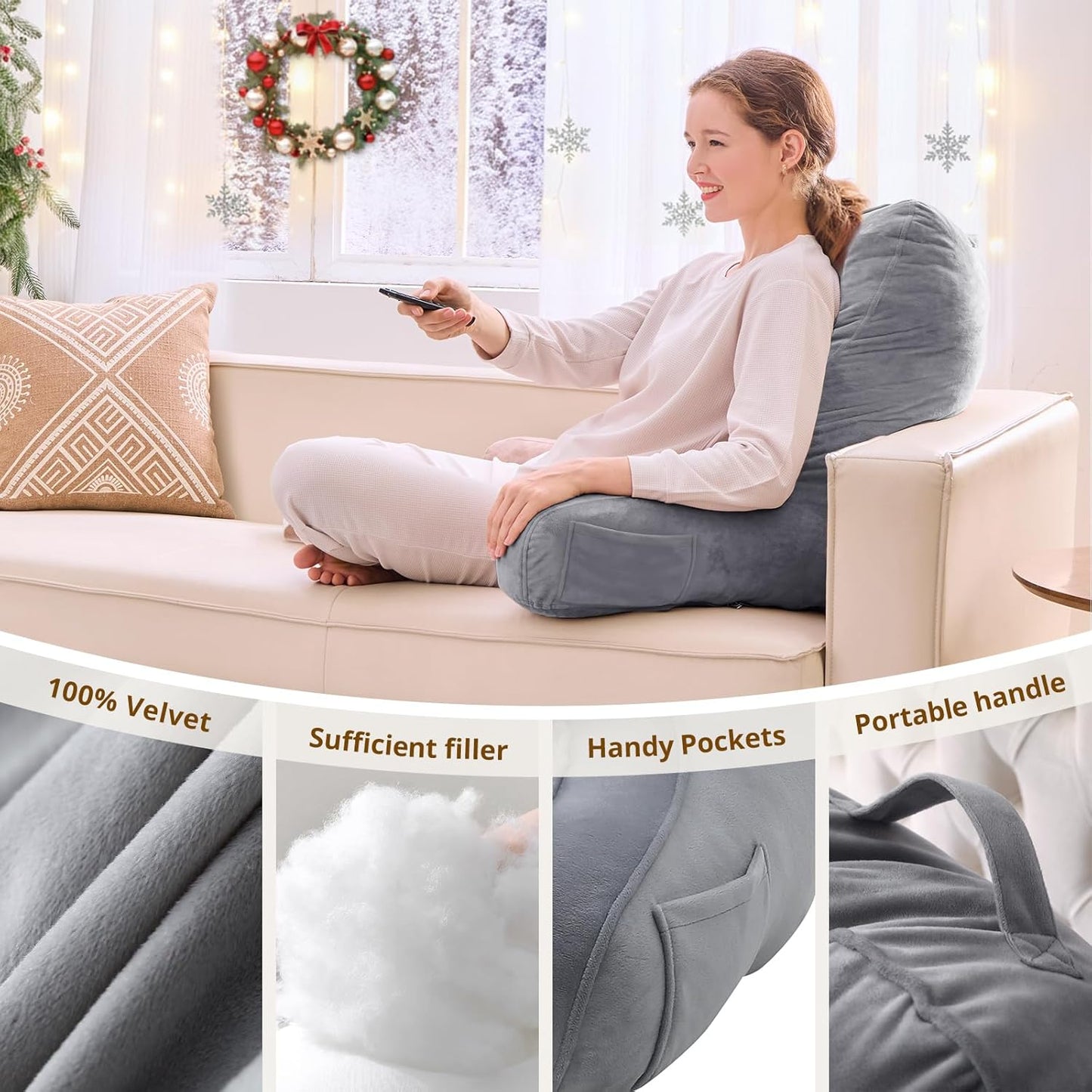 Sasttie Reading Pillows for Sitting in Bed Adult, Back Pillow Bed Sitting Up, Back-Rest Support Cushion for Sit Up on Couch, Sofa, and Floor, Dorm Essentials, Oeko-Tex Certified, Dark Grey