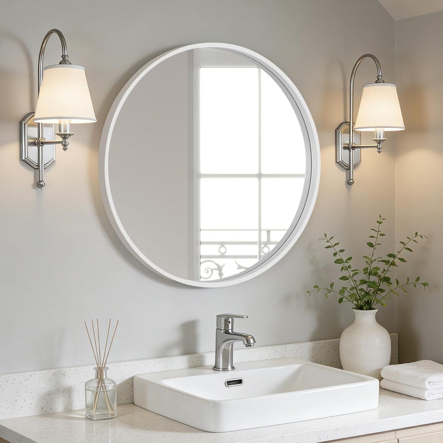 WallBeyond Wood Round Mirror with Wood Frame 24 inch Circle Wall Mirror for Bathroom Round Wall Mirror for Wall Decor, Vanity, Entryway Living Room (Walnut)