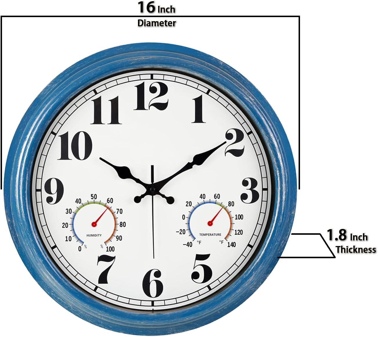 JENLYSTIME 12 Inch Indoor/Outdoor Retro Waterproof Wall Clock with Thermometer Silent Round Quartz Battery Operated Easy to Read Decorative for Kitchen Patio,Bathroom,Deck,Porch,Pool(Blue)