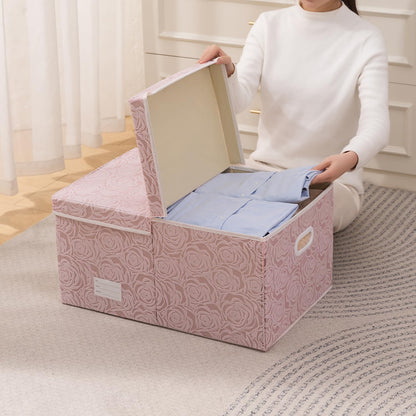 PRANDOM Larger Collapsible Storage Bin with Lid [1-Pack] Fabric Decorative Storage Box Cube Organizer Container Baskes with Handles Divider for Bedroom Closet Living Room Pink 17.7x11.8x11.8 Inch
