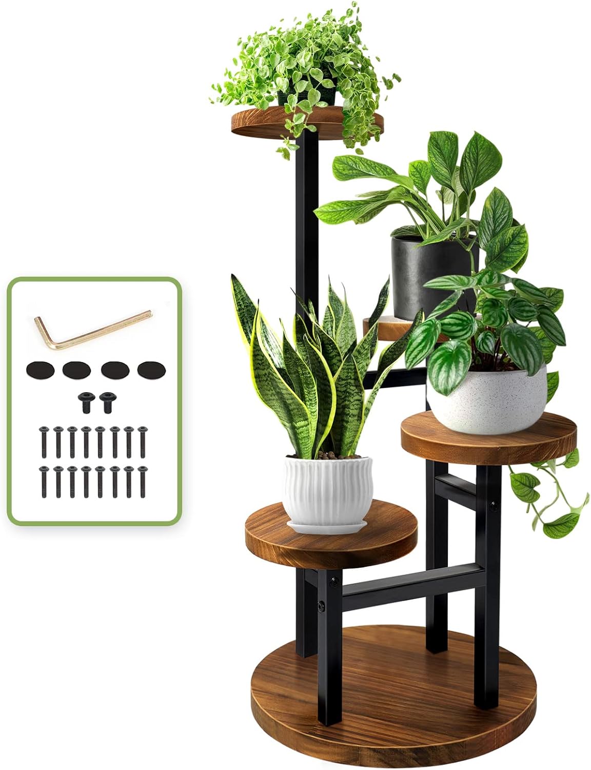 AUGOSTA 3 Tier Plant Stand, Tall Metal Wood Shelf Holder for Indoor, Outdoor Display Rack Flower Pot Stand for Corner Living Room Balcony Garden Patio